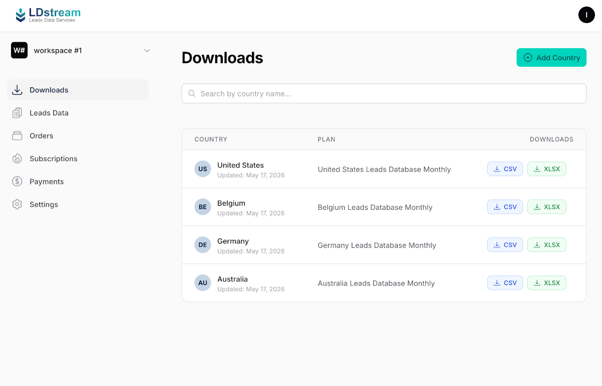 LDstream user dashboard — downloads overview